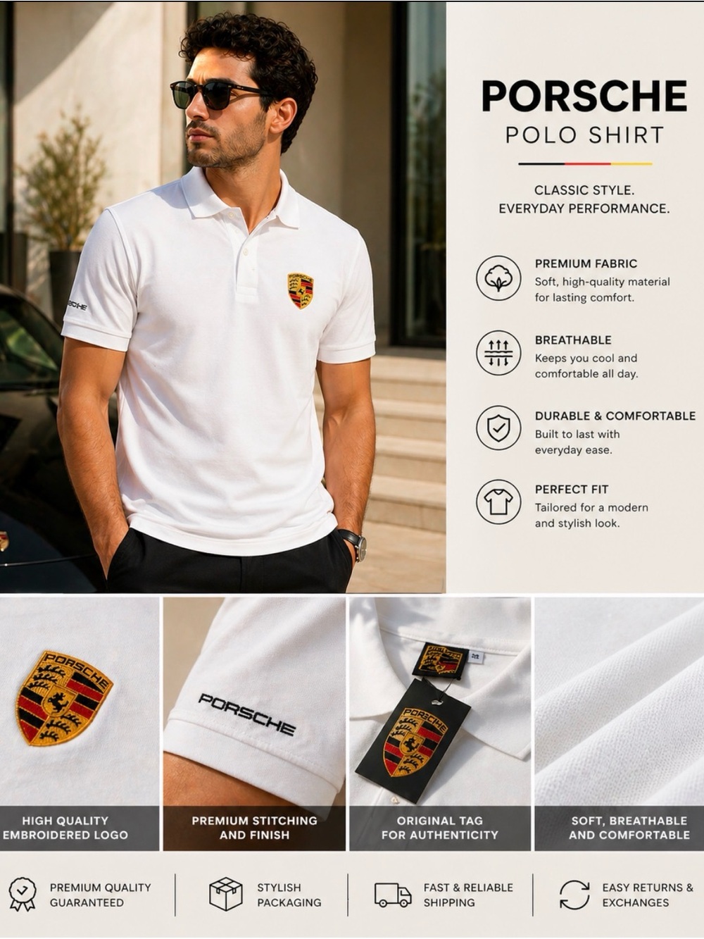 Porsche  Men’s White Polo Shirt - Classic Embroidered Logo size XXL FIT XL